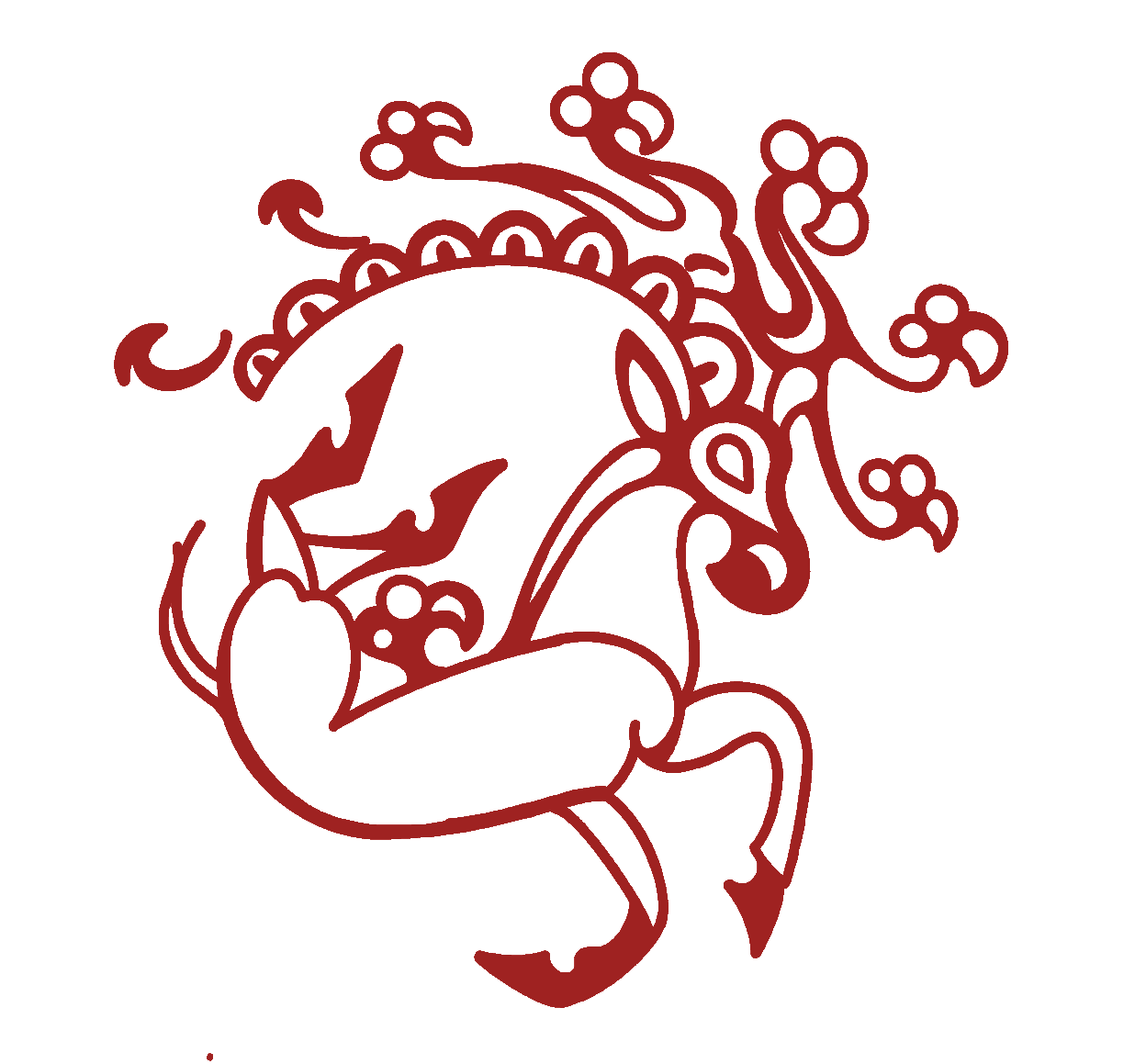 A red dragon is shown on the black background.